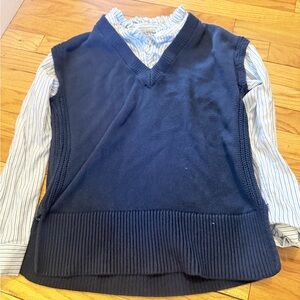 LOFT Layered Sweater Vest Blouse Navy Stripe Ruffle Collar Preppy Top Small